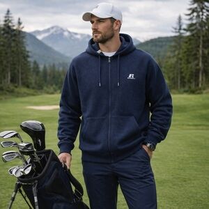 RUSSELL ATHLETIC Vintage Y2K Pro Cotton Hoodie Navy Minimal Logo LT Tall Oversiz